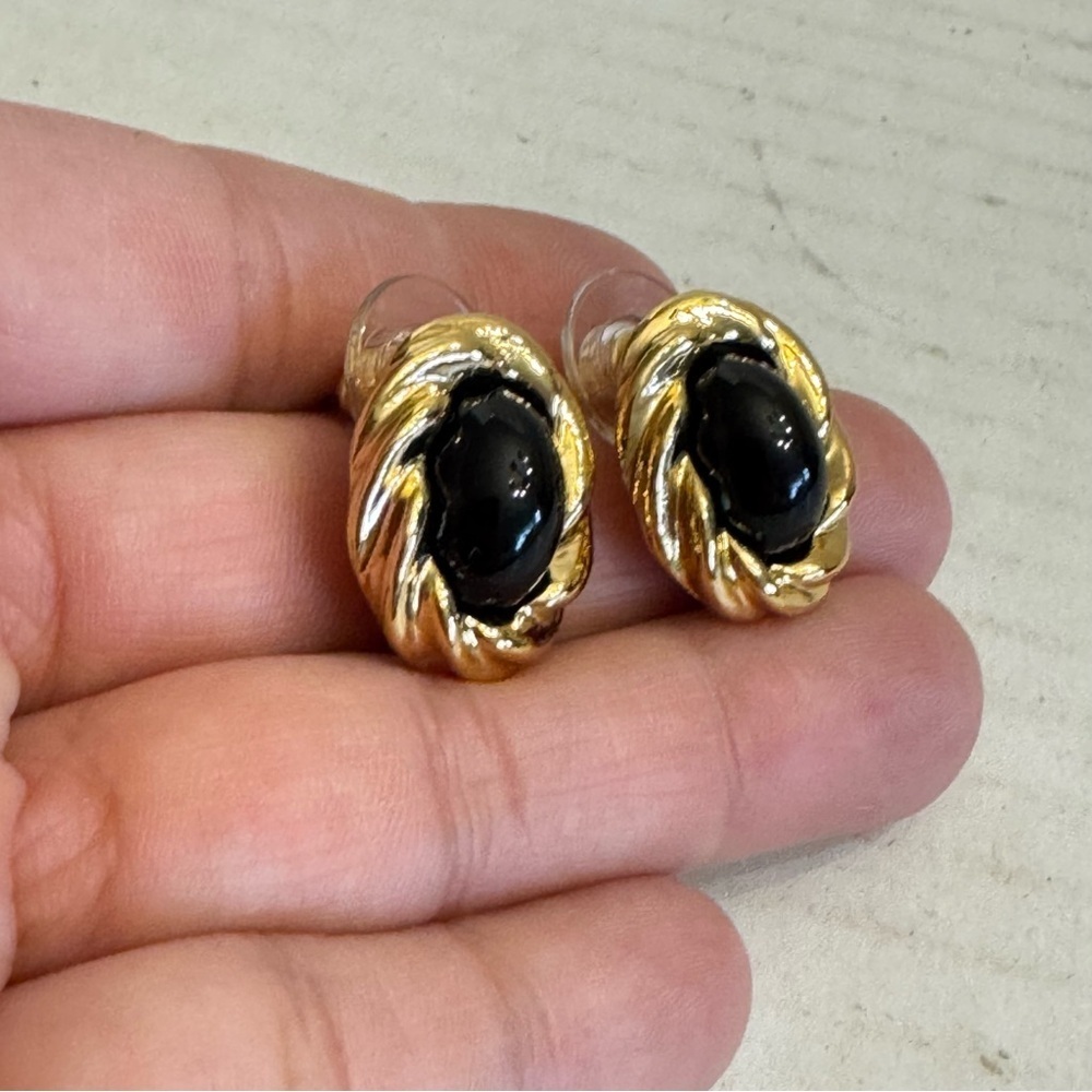Avon Gold and Black Statement Earrings with Vintage Swirl Design Jewelry